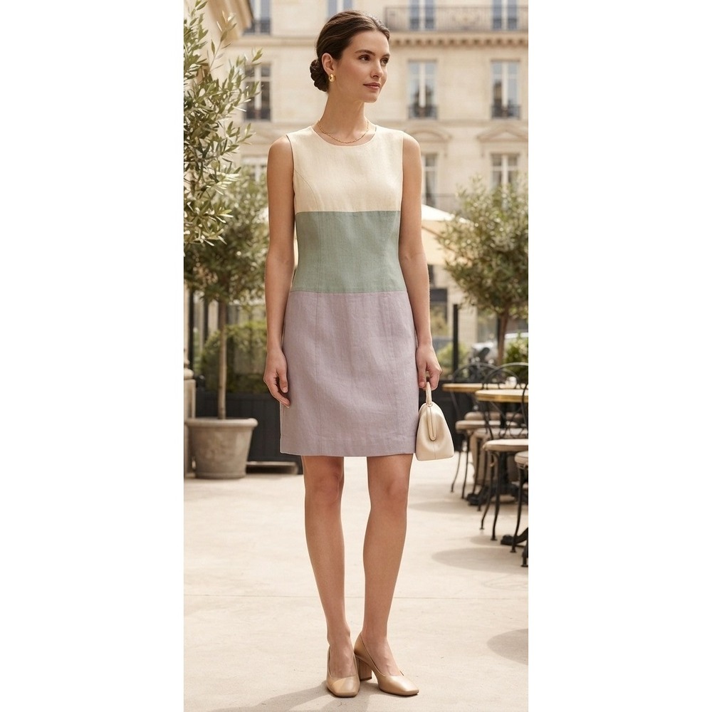 Chelsea Cambell Silk Linen Sheath Dress Size 10 Colorblock Coastal Sleeveless